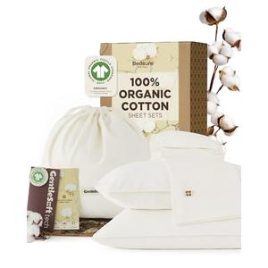 Bedsure 100% Organic Cotton Sheets, GOTS Certified Queen Sheet Set, 17" Deep Pocket Bedsheets with Corner Straps, Eco-Friendly, Soft, Breathable & Luxury PureWoven Cotton Hotel Bedding, 4PCS, Ivory