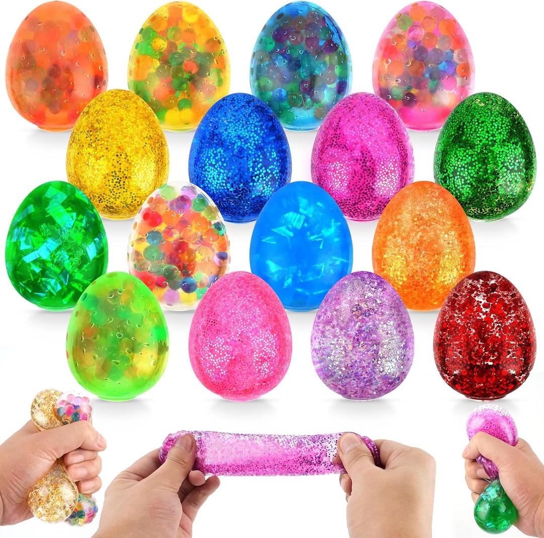 16 Pack Easter Egg Stress Balls, Squishy Squeeze Balls for Teens & Adults (14+), Easter Basket Fillers for Teens & Adults, Stress Relief Fidget Balls