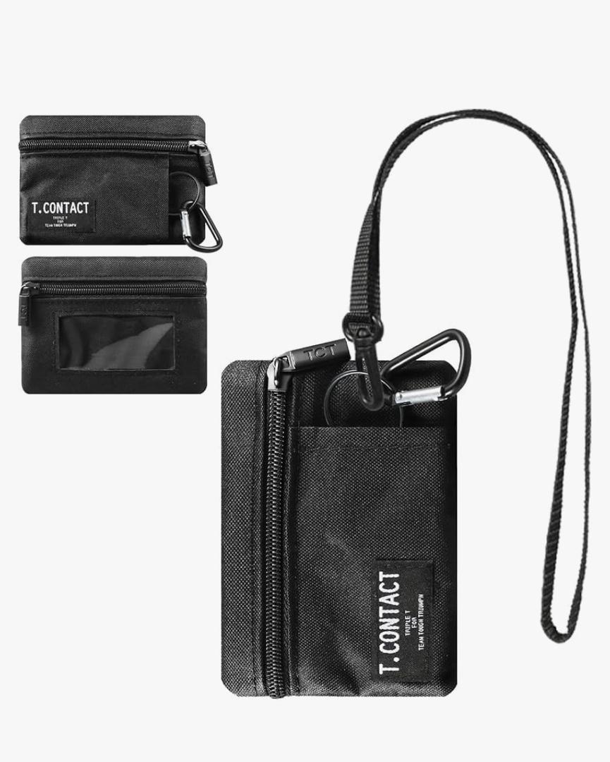 T.CONTACT Slim RFID Blocking Zippered Lanyard Wallet - Compact ID Holder & Coin Purse for Men, Women, and Kids - Lightweight Keychain Card Case with 2 Zippered Pockets & ID Window(black, 1.0)