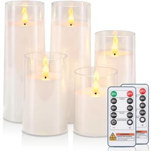 Raycare Flameless Candles Battery Operated with Remote Timer, Acrylic Flickering LED Pillar Candle for Valentine's Day, Home Decor, Gift for Family and Friend, White, Set of 5