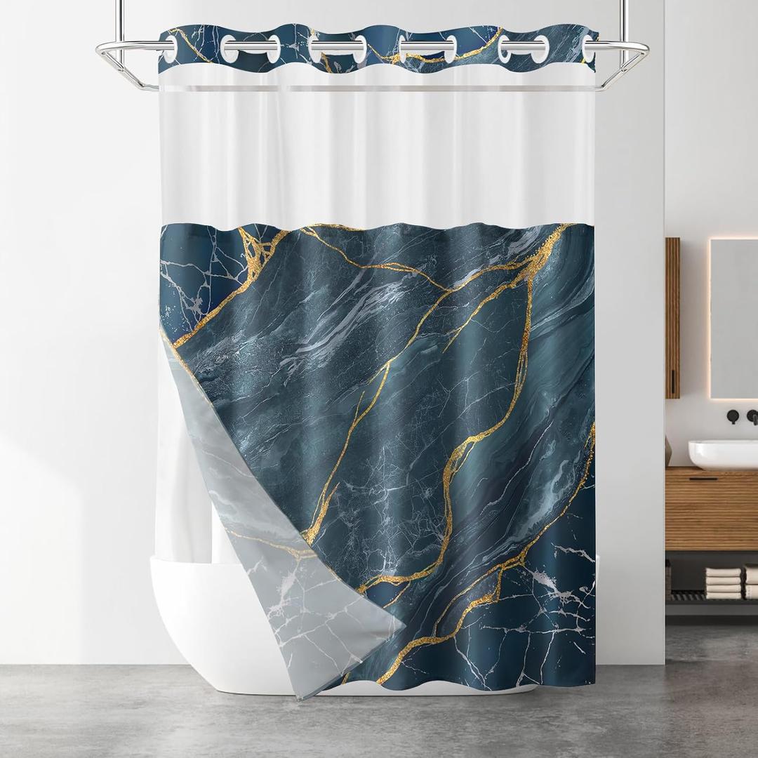 No Hook Shower Curtain with Snap in Liner Set, Blue Marble Design, Waterproof Washable Fabric Hotel Shower Curtains for Bathroom Decor with See Through Mesh Top Window 71x74 Inch