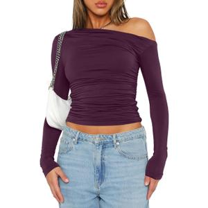 Darong Women's Casual Long Sleeve Boat Neck Off Shoulder Slim Fit Crop Top Going Out Blouses Y2K Tight Shirts (Dark Purple, S)