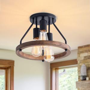 VILUXY Industrial Flush Mount Ceiling Light Fixture with Retro Wood Circle Shade for Hallway, Entryway, Bedroom, Balcony Passway 3-Light (Bulbs not Included)