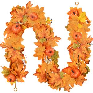 Palonu 6Ft Thanksgiving Artificial Fall Maple Leaves Garland, Hanging Fake Autumn Pumpkin with Berries Vine for Thanksgiving Halloween Fireplace Table Centerpiece Indoor Outdoor Party Home Decor (Orange Green)