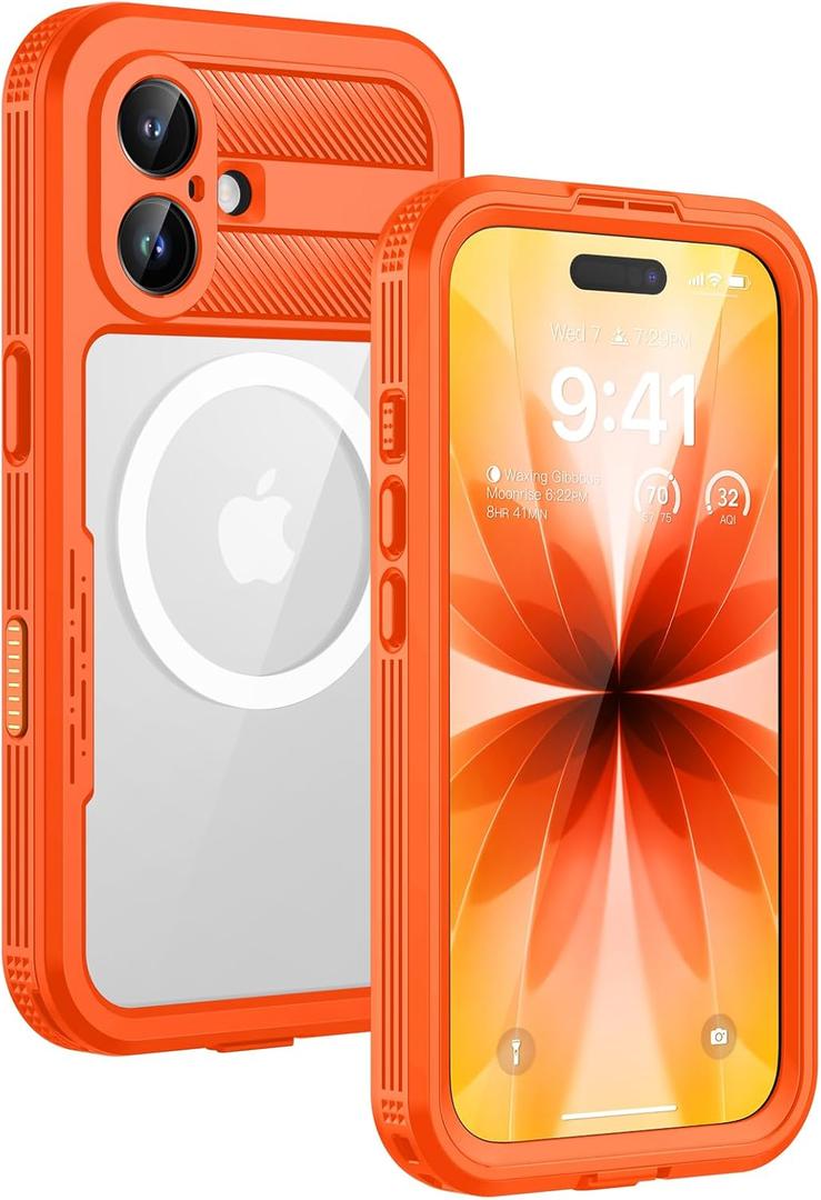 Lanhiem Magnetic for iPhone 17 Case, IP68 Waterproof, Dustproof, Compatible with Magsafe, Built-in Screen Protector, Full Body, Heavy Duty, Rugged Phone Cover, 6.3 inch, Cosmic Orange