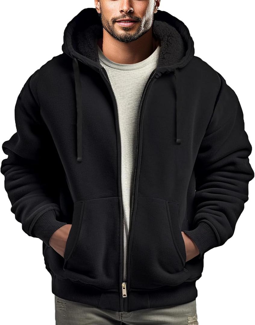 Hoodies for Men Full Zip Up Fashion Sweatshirt Thick Fleece Sherpa Lined Winter Jackets Warm Coats (4X-Large, Black)