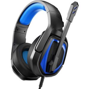 Anivia MH602 Gaming Headset Compatible with PC PS5 PS4 Xbox One Mac Laptop, Wired Stereo Over-Ear Headphones with Noise Cancelling Mic, Soft Memory Earmuffs for Adults & Kids, Black-Blue