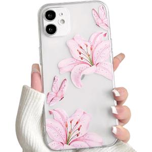 NITITOP Compatible with iPhone 12 Case Clear Cute Butterfly Lily Flower Floral Pattern for Women Girls Full Camera Lens Clear Slim Shockproof Protective Phone Cover - Pink