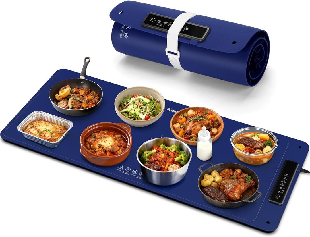 Kourice Extra Large Warming Mat for Food, 36"x15.75" Food Warmer Chafing Dishes for Buffet, Food Warming Mat, Food Warmers for Parties Buffet, 4 Level Temp 1/3/5Hour Timer 420W (Blue)