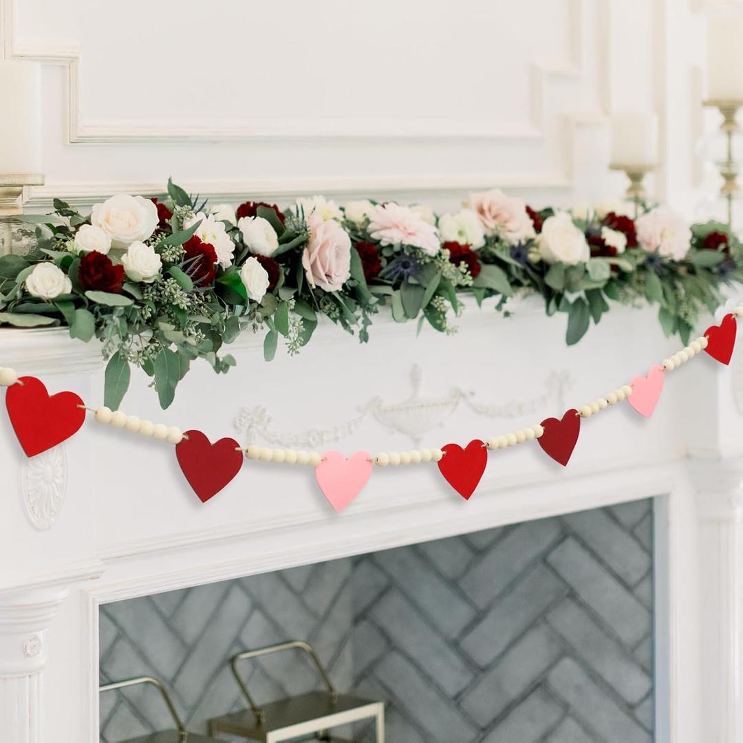 DAZONGE Valentines Day Decorations, Wood Bead Garland with Felt Hearts for Valentine Decor, Red and Pink Farmhouse Valentines Day Banner for Wedding, Anniversary Decorations