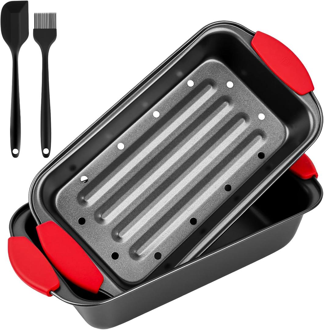 Meatloaf Pan with Drain Tray, 2 Piece Set Meat Loaf Pan with Silicone Grip and Spatula & Basting Brush, Carbon Steel with Nonstick Coating, Oven Safe to 450F, Versatile for Bread, Roasts, Cakes