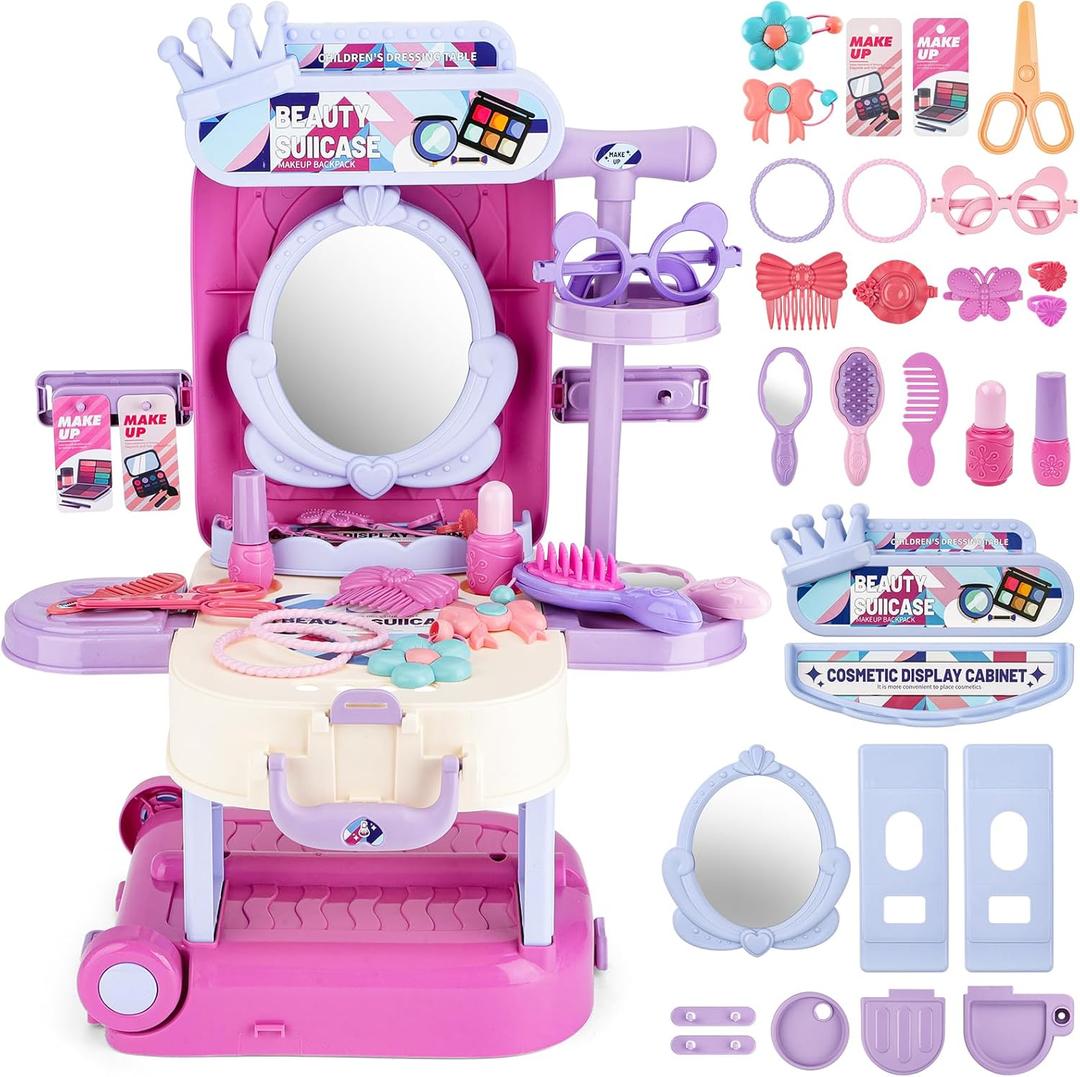 deAO 3 in 1 Toddler Vanity Makeup Table Girls Vanity & Suitcase Set with Fashion Accessories Pretend Play Travel Suitcase Fashion Beauty Set for Girls