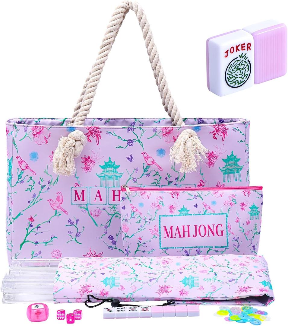 TIASUSAN American Mahjong Tile Set, 166 Pink Tiles, Bag and Mahjong Accessories, 4 All-in-One Rack/Pushers, Mahjong Set Complete