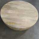 SIMPLIHOME Elmbrook Coffee Table - 34 inch Wide Solid Mango Wood Modern Industrial Round Drum Cocktail Table in Natural, Sculptural Living Room Table with Low Profile Design, Assembled
