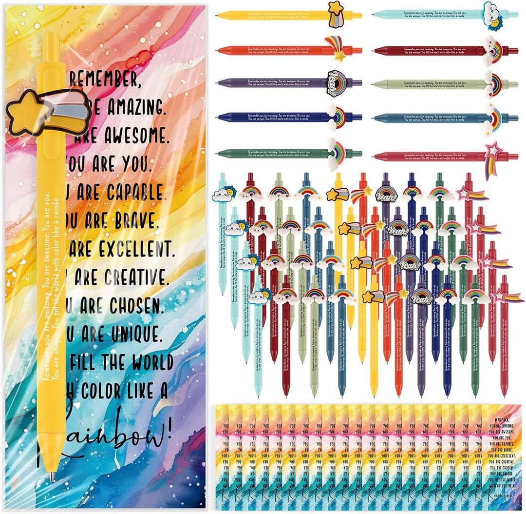 Sayglossy 60 Set Appreciation Gifts Rainbow Inspirational Pens Bookmarks | Positive Messages for Teacher Employee Staff Nurse Coworkers, Multicolor Ballpoint Pens, Back to School Thank You Gift