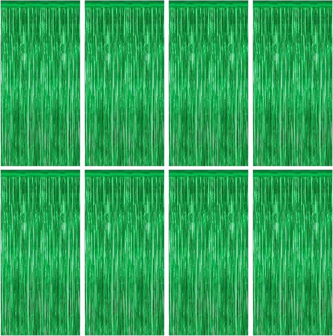 8 Pack Green Streamer, 3.28 FT x 7.05 FT Dinosaur Backdrop, Metallic Tinsel Backdrop FOI Fringe Curtains Party Streamer, Jungle Decor Green Streamer Party Decorations Photo Booth Props