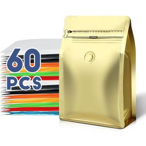 Coffee Bags with Valve(60pcs,8oz,1/2 lb) Vented Coffee Beans Packaging Bags High Barrier Aluminumed Foil Flat Bottom Heat Sealed Side Zipper Resealable Storage Bag for Home or Business（Gold）