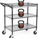 Heavy Duty Utility Cart, 990Lbs Capacity 3 Tier Rolling Carts with Wheels, Kitchen Cart on Wheels with Storage, Commercial Grade Metal Serving Carts with Wire Shelving &Handle Bar, Black