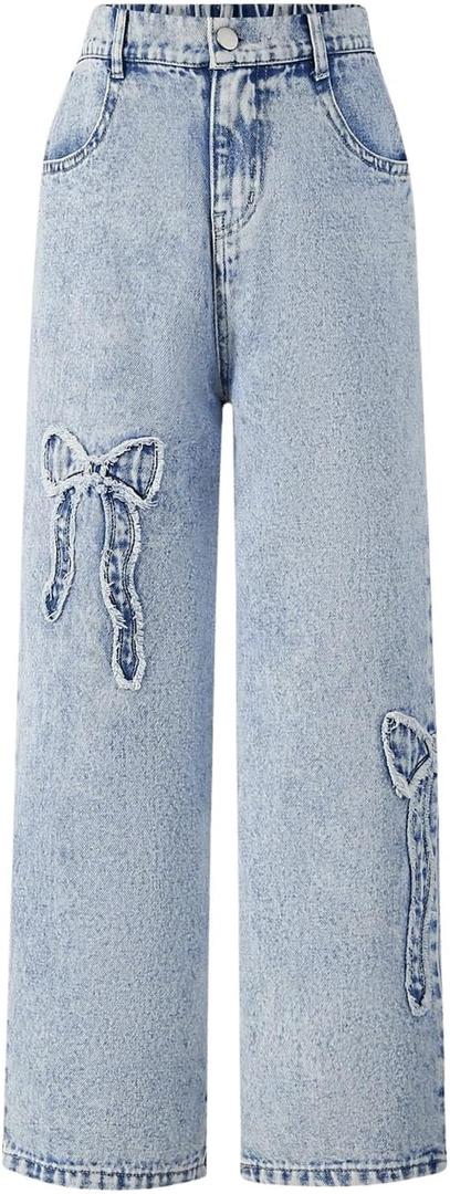 WDIRARA Girl's Bowknot Print Washed Jean Elastic Waist Denim Pants Straight Leg Trousers with Pockets Light Blue 7Y