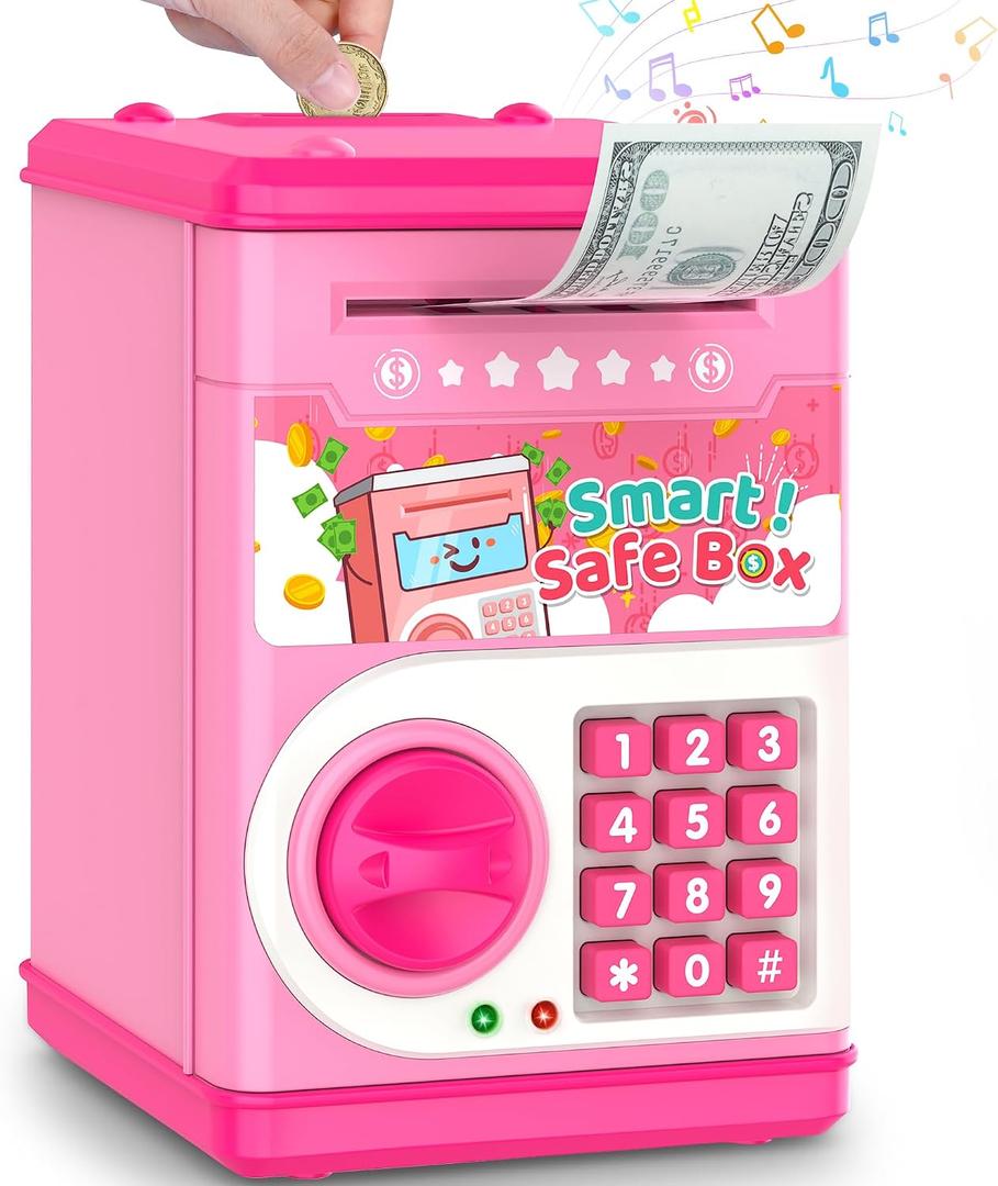 Pink Piggy Bank for Kids with Password Code Lock and Auto Grab Bill Slot, PhilaeEC Real Money Cash Coin Can Saving Box Electronic Money Safe Bank, Hot Gift for 4 7 8 9 10 11 Year Old Boys Girls, 5.1 inches x 4.6 inches x 7.4 inches