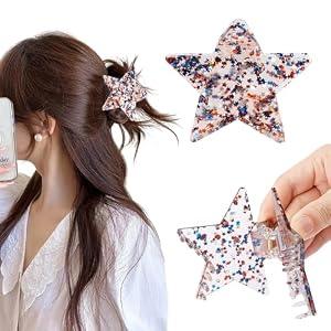 4th of July Star Hair Claw Clips Red White Blue Glitter Patriotic Acrylic Hair Claw for Women Star Shaped Hair Clips for Independence Day, Strong Hold USA Flag Hair Accessories for Thick & Thin Hair