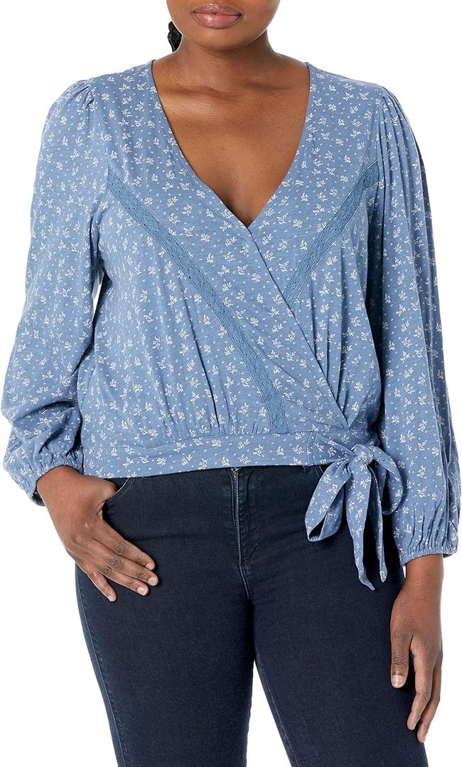 Lucky Brand Women's Long Sleeve Printed Surplice Wrap Top (Blue Multi), Small