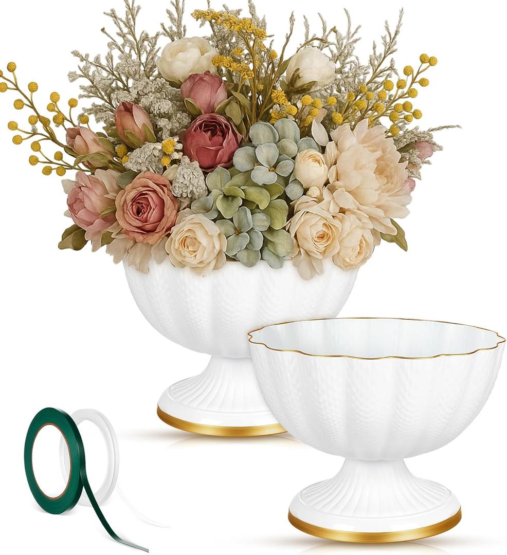 2 Pcs Metal Compote Bowl for Centerpiece Flower Holder 9 Inch Compote Vase Indoor Outdoor Flowers Fruits Plant for Christmas Wedding Home Party Decoration (White)