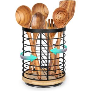 Utensil Holder for Kitchen Counter - 7.2" Large Rotating Utensil Crock, Wooden + Metal Base, Countertop Cooking Tool Spatula Organizer