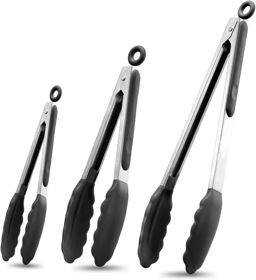 Kitchen Tongs with Silicone Tips,Tongs for Cooking Heat Resistant 600 Degrees Stainless Steel Locking Tongs,Black Set of 3-7", 9" and 12"