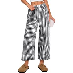 ANRABESS Women Striped Gingham Palazzo Cropped Pants Wide Leg Pajama Lounge Pants Plaid PJ Bottoms Cute Trousers with Pockets (Small, Black White Plaid)