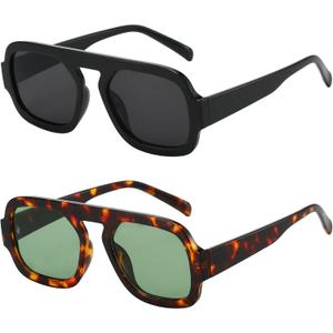 MUNSADE Trendy Square Aviator Sunglasses for Women Flat Top Designer Stylish Frame Sun Glasses Vintage Shades ((2 Pack) Black/Grey+tortoise/Green)