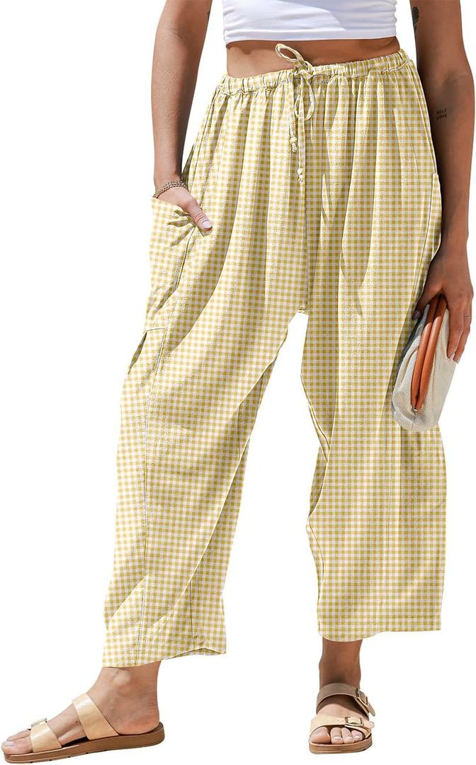 TARSE Womens Linen Wide Leg Striped Pants Casual Barrel Loose Drawstring Low Waist Palazzo Harem Pants with Pockets (Large, Brown White Plaid)