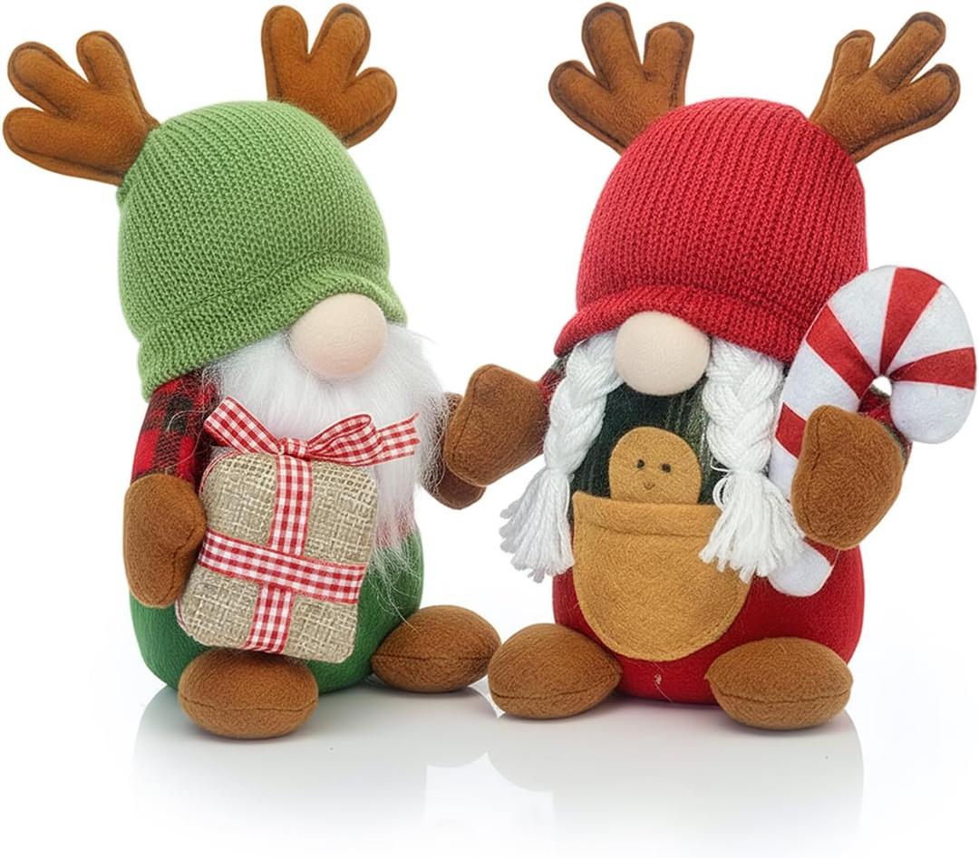 2PCS Christmas Gnomes Plush Decorations, Set of 2  Scandinavian Tomte Elf Gnomes with Gift & Candy Cane, Swedish Nordic Holiday Home Decor for Xmas