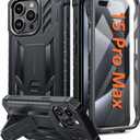 FNTCASE for iPhone 15-Pro-Max Case: Military Grade Drop Proof Rugged Protective Cell Phone Cover with Kickstand & Built-in Protector | Matte Textured Shockproof TPU Hybrid Bumper Cases (Black)