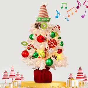 Mini White Christmas Tree, Small Flocked Christmas Tree with Lights and Music Tabletop Artificial Pre-lit Xmas Tree Christmas Decorations Indoor Outdoor for Home Decor Party Gifts (Red + Green)