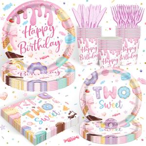 120PCS Two Sweet Birthday Party Supplies Two Sweet Donut Ice Cream Decorations for Baby Girl 2nd Second Birthday Tableware Set Plates Napkins Cups Set for 20 Guests