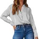 OMSJ Womens Striped Button Down Shirts Casual Long Sleeve Stylish Collared Office Work Blouses Tops (Small, Black)