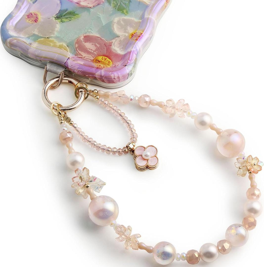Phone Charm for Women, Anti-Theft Phone Wrist Strap Hands-Free & Beaded Chain, Detachable Cell Phone Lanyard with Tether Tab (Pink Blossom)