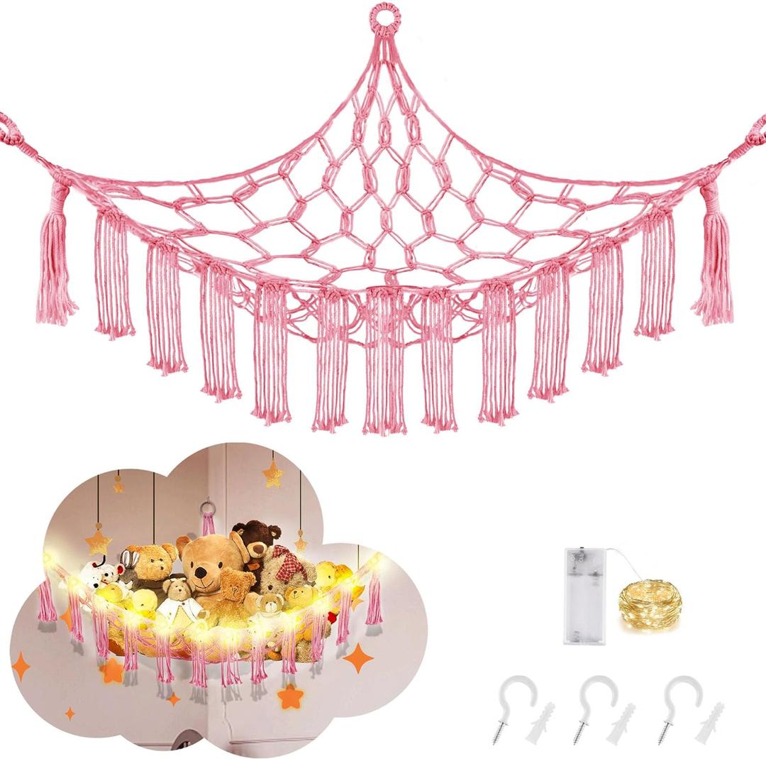 Hammock for Stuffed Animals with LED Light, Kids Room Decor Corner, Pink (Large-(Package of 1))
