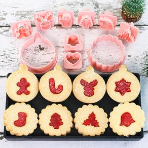 Mini Christmas Linzer Cookie Cutters, Interchangeable Cookie Cutter Set with 3D Stamps, Gingerbread, Snowman, Tree, Candy, Snowflake, Christmas Cookie Decorating Tools, Snacks Baking Molds for Party