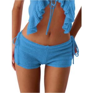 WDIRARA Women's Tie Side Knitted Mini Shorts High Waist Elastic Waisted Summer Cute Shorts (Light Blue)
