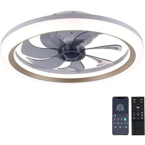 OurEDee 20'' Ceiling Fan with Lights & Remote, Low Profile, 6 Wind Speeds, Dimmable Light, Modern White Flush Mount, Smart for Home (Gold+Grey)