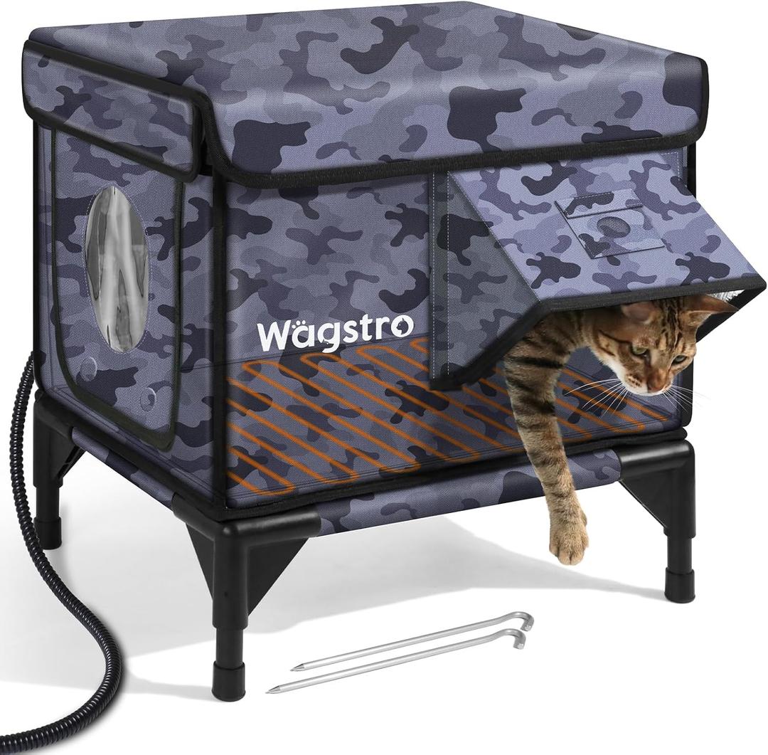 Heated Cat House for Outside, Insulated Weatherproof Heated Outdoor Cat House with Waterproof Eaves & Escape Door, Elevated Outdoor Cat Shelter for Feral Stray Cat (Black Camo, 16.5"x12.6"x16.9")