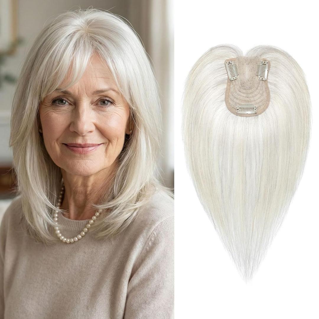 SEIKEA Hair Toppers for Women Real Human Hair with Wispy Bangs, 10" Ultra-light Breathable Hairpiece for 3.5''x2.7'' Mild Thinning Hair, Hand-Tied Scalp Hairpieces for Daily Wear & Gray Hair Coverage