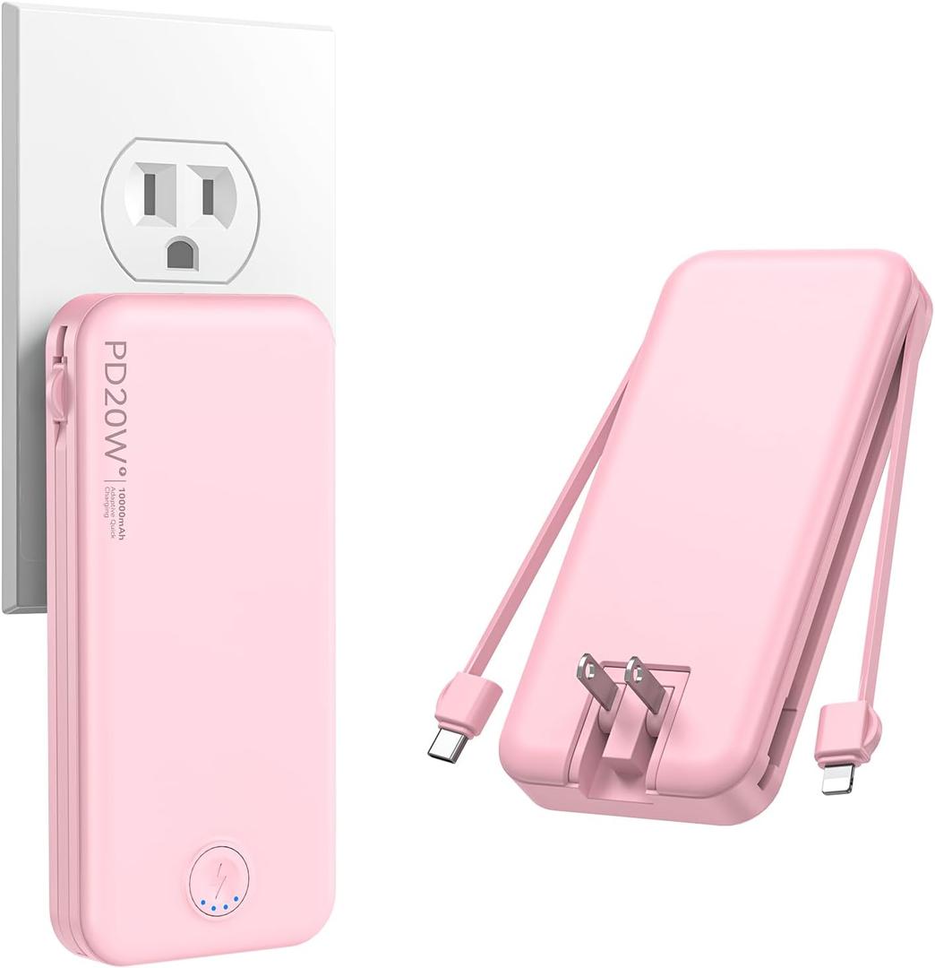 Portable Charger, 10000mAh PD20W Fast Charging Power Bank with Built-in Cables & Wall Plug, Travel Essentials External Battery Pack, USB C Battery Phone Charger for iPhone, iPad, Samsung Pink