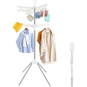 2 Tier Clothes Drying Rack, 56inch Collapsible Laundry Drying Stand with 3 Rotatable Arms 24 Clips, Portable Garment Rack for Balcony Camping