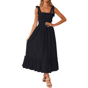 Tobrief Women's Boho Dress Summer Spaghetti Strap Square Neck Flowy Ruffle Beach Long Maxi Dress (Black, M)