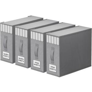 StorageTastic 4 Pack Bed Sheet Closet Organizers and Storage,Sturdy Foldable Storage Containers with Window and Label,Storage and Organization for Bedding Sheets,Duvet Covers,Blankets (Grey)
