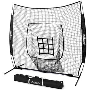 GoSports 7 ft x 7 ft Baseball & Softball Nets - Red, Black, Drip or PRO - Practice Hitting & Pitching Net with Bow Type Frame, Carry Bag and Strike Zone, Great for All Skill Levels