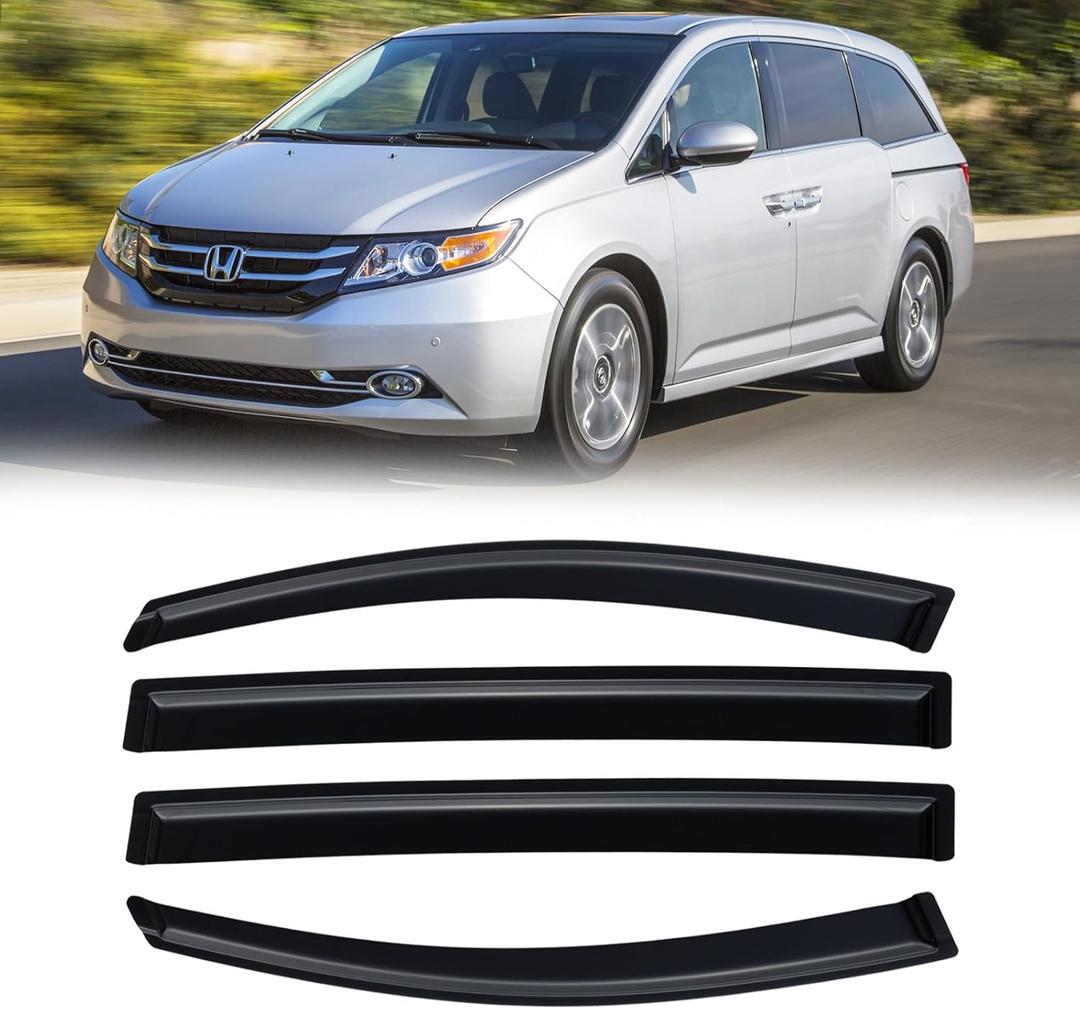 Rain Guards for 2011-2017 Honda Odyssey, Out-Channel Window Visor Shields Vent Deflector Shade Wind Dark Smoke 2012 2013 2014 2015 2016, Tape-On Outside-Mount, 4PCS
